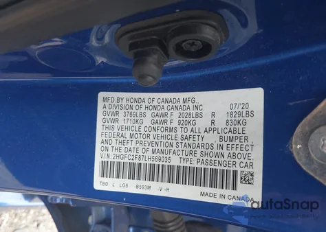 2020 Honda Civic Sport z USA, uszkodzony, nr VIN 2HGFC2F87LH569035